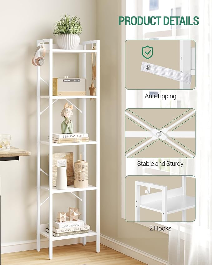 Bookshelf, Book Shelf, Industrial Bookcase with 2 Hooks, Coner Shelf Storage Organizer for Home Office, Living Room, Bedroom, Kitchen, 5-Tier White BC10513W