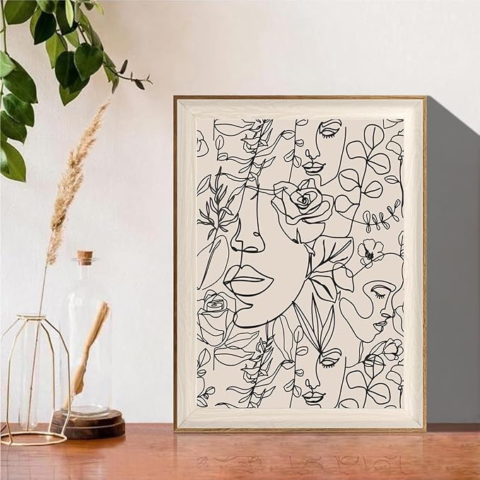 ASTRDECOR Abstract Framed Wall Art, Minimalist Boho Art Prints Women Portrait Line Art Wall Decor, Mid Century Wall Prints, Boho Wall Art Canvas, Neutral Black Beige Bedroom Decor - 12''x16''