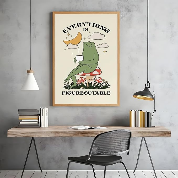 Everything Is Figureoutable Motivational Wall Art Funny Frog Coffee Inspirational Poster Positive Quote Daily Reminder Canvas Print Affirmation Wall Decor for Home Office 8x12inch Wood Color Framed