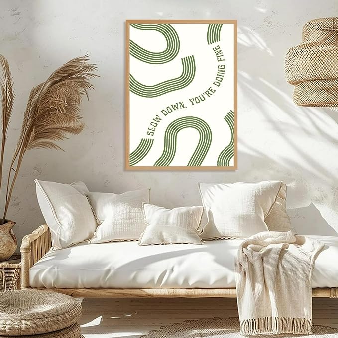 Slow Down You’re Doing Fine Wall Art Retro Minimalist Motivational Quote Music Poster Inspirational Midcentury Song Lyrics Sage Green Canvas Prints for Bedroom Home Decor 24x36inch Wood Color Framed