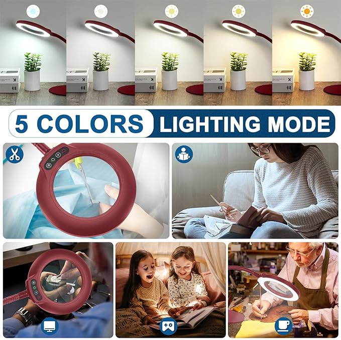10X Magnifying Glass with Light, Real Glass Lens, 5 Color Modes Dimmable, Flexible Gooseneck Lighted Magnifier with Stand, LED Desk Lamp Hands Free for Crafts Painting Reading Close Work, Red