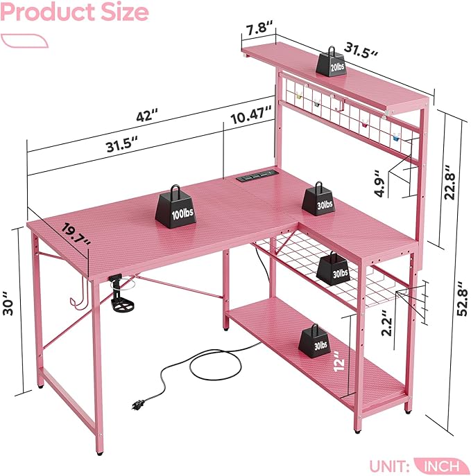 Bestier 42 L Gaming Desk,Computer Desk with Power Outlets, LED Lights, Reversible Corner Desk with 4-Tier Shelves,Cup Holder & Hook Carbon Fiber Pink