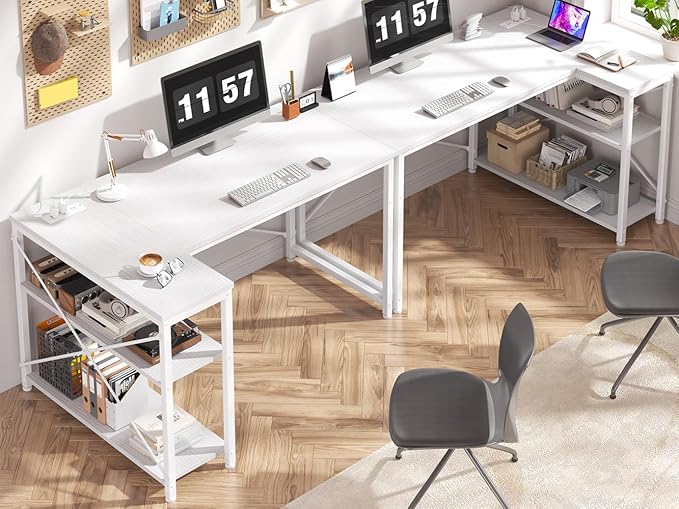 EnHomee Small Computer Desk with Storage Shelves & Side Bag, 40 Inch L Shaped Gaming Desk with Power Outlets, Corner Desk Study Writing Table for Home Office Bedroom Living Room, White