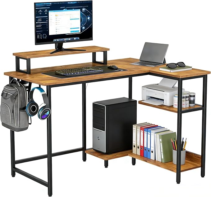 DEVAISE 47 Inch L Shaped Gaming Desk with LED Lights & Power Outlets, Corner Desk for Small Spaces, Sturdy PC Computer Table with Storage for Home Office, Rustic Brown