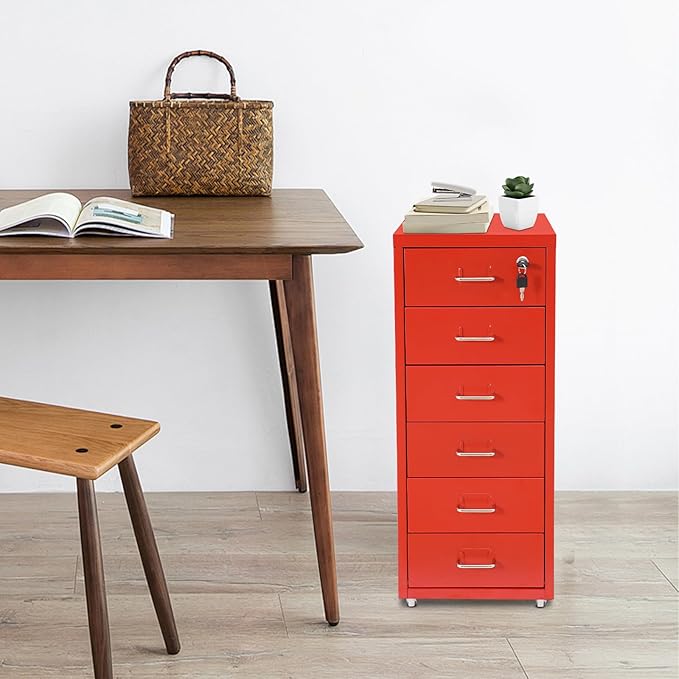 6-Tier Metal File Cabinet with Wheels and Lock, Filing Cabinet for Home Office, Metal Filing Storage Cabinets with Handle for Office Home, Easy Assemble