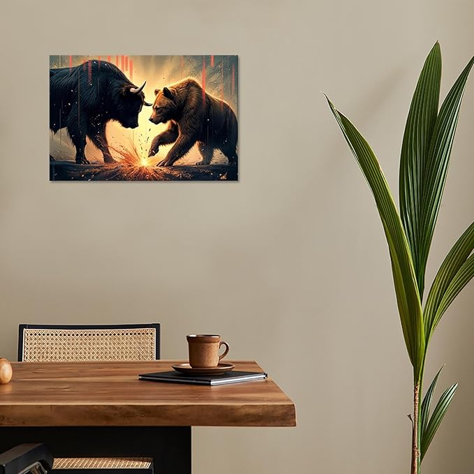 Trendy Bull And Bear Confrontation Wall Art Funny Bull And Bear Stock Market Canvas Posters Funny Animal Prints Painting For Office Living Room Wall Decor 24x36in Framed