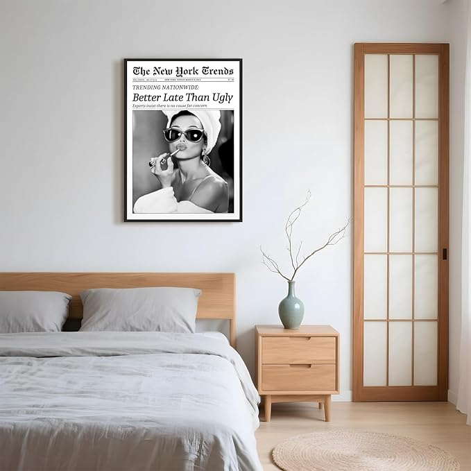 Framed Better Late Than Ugly Wall Decor Vintage Newspaper Wall Art Black and White Fashion Poster Audrey Hepburn Chic Decor New York Trends Glam Quote Canvas Print for Bedroom Bathroom Dorm 16x24inch