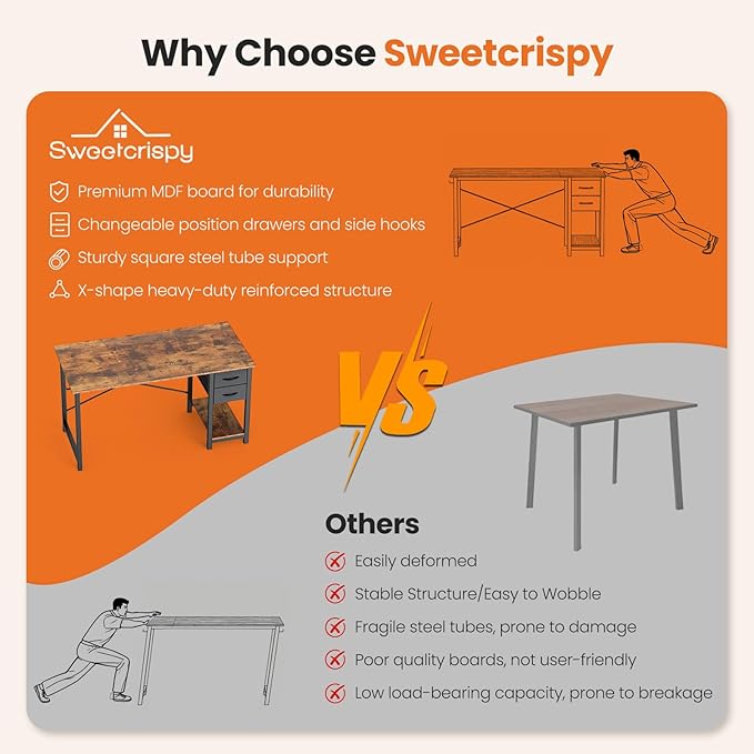 Sweetcrispy 47 Inch Computer Desk with Drawers for Home Office, Writing Desk with X-Shaped Reinforcement, Wood Table with Adjustable Position Drawers, Modern Study Work Table with Side Hook, Rust