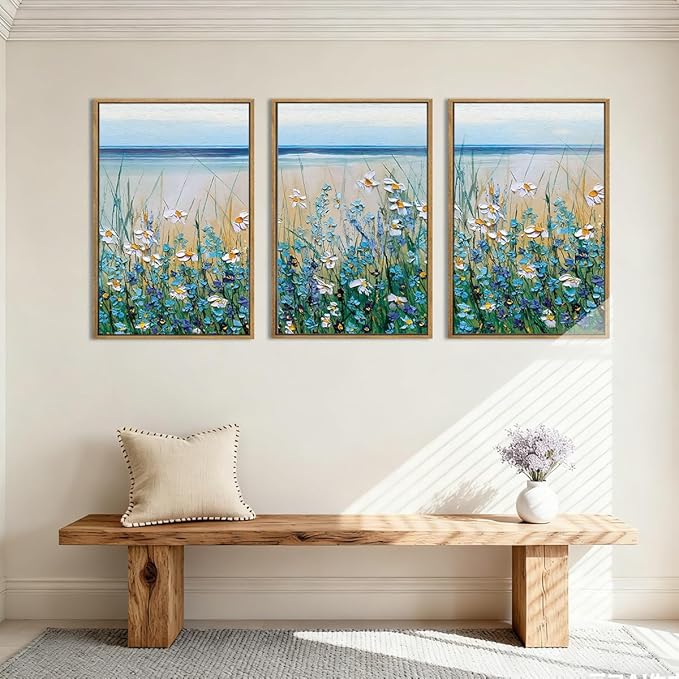 BINCUE Extra Large Blue Flowers Wall Art Framed,Watercolor Wildflowers Artwork,Blue Florals Canvas Wall Art,Flower Sea Artwork Landscape,Blossom Seaside Painting Daisy for Living Room Bedroom 24x36''