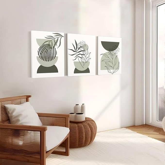 Sage Green Boho Wall Art Set of 3,Minimalist Boho Framed Wall Art Geometric Line Leaf Sun Moon Beige Green Canvas Artwork Paintings Wall Decor Living Room,Modern Abstract Sage Green Boho Wall Decor for Room Bathroom Office,12"x16"