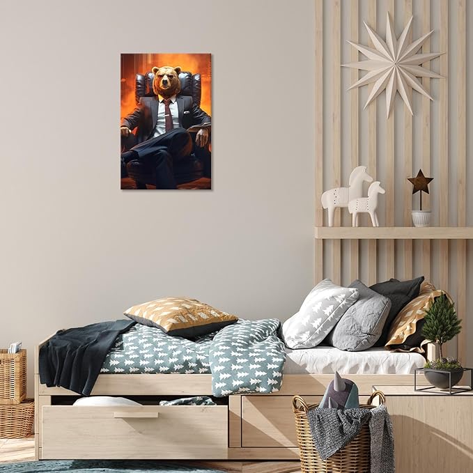 Trendy Suit Animal Bear Portrait Wall Art Funny Boss Bear Canvas Posters Work Struggle Motivation Inspiring Prints Painting For Office Living Room Wall Decor 24x36in Framed