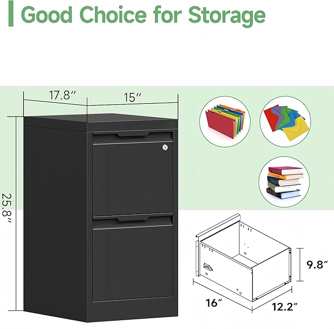 2 Drawer File Cabinet with Lock,Filing Cabinets for Home Office,Metal Small File Cabinet for Letters/Legal/A4 Size, Assembly Required,Black