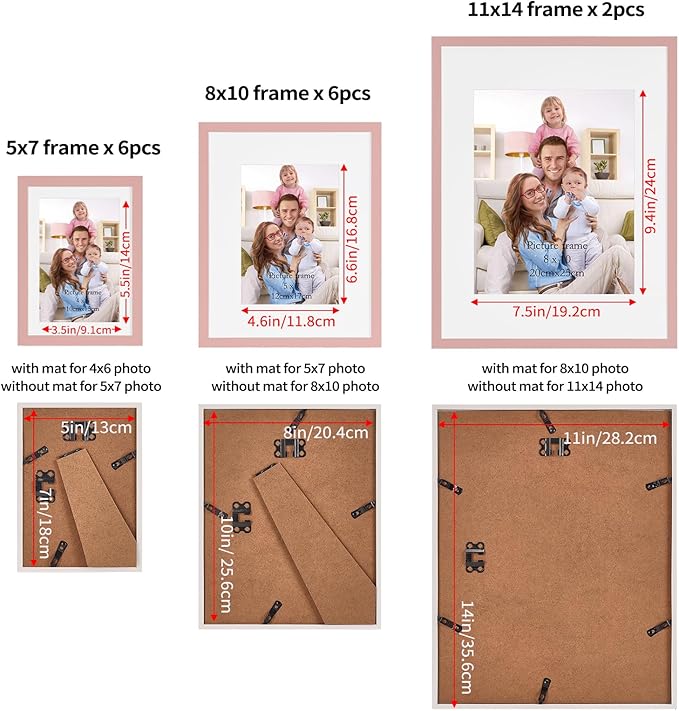Giftgarden 14 Pack Pink Picture Frames Set with Mats, Assorted Matted Frame for Gallery Wall & Tabletop Photo Frames Collage, Multi Sizes Including 2pcs 11x14, 6pcs 8x10, 6pcs 5x7
