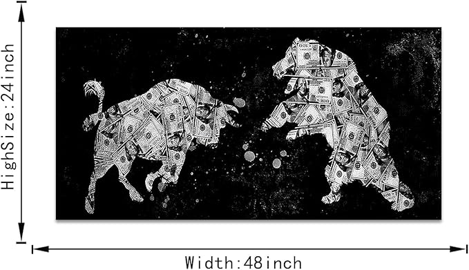 Extra Large Size Money Canvas Art Creative Bull vs Bear Money Canvas Artwork Black and White Inspirational Abstract Money Bull vs Bear Artwork for Gym Coffee Shop Decor Framed Easy to Hang-48 Wx24 H