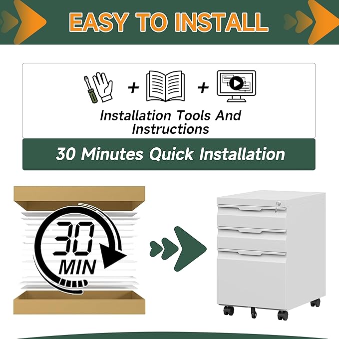 3 Drawer Metal Rolling File Cabinet with Lock, Under Desk Mobile Filing Cabinet for Home Office, Steel Storage Cabinet with Wheels for A4/Letter/Legal Documents, Easy Assembly, White
