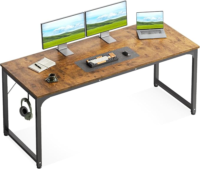 Casaottima 63 Inch Computer Desk for Home Office, Study Writing Table for Small Spaces, Simple Modern Desk with Headphone Hooks, Rustic Brown