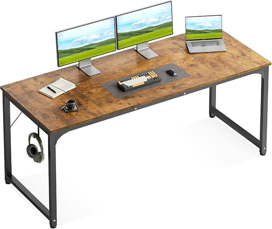 Casaottima 63 Inch Computer Desk for Home Office, Study Writing Table for Small Spaces, Simple Modern Desk with Headphone Hooks, Rustic Brown