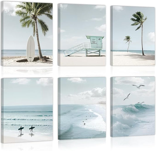 CHDITB Beach Canvas Wall Art, Coastal Palm Tree Surfboard Wall Decor, Ocean Wave Seagull Artwork, Minimalist Surfing Pictures, Tropical Beach Prints for Bathroom Living Room seaside Bedroom 8”x10”x6