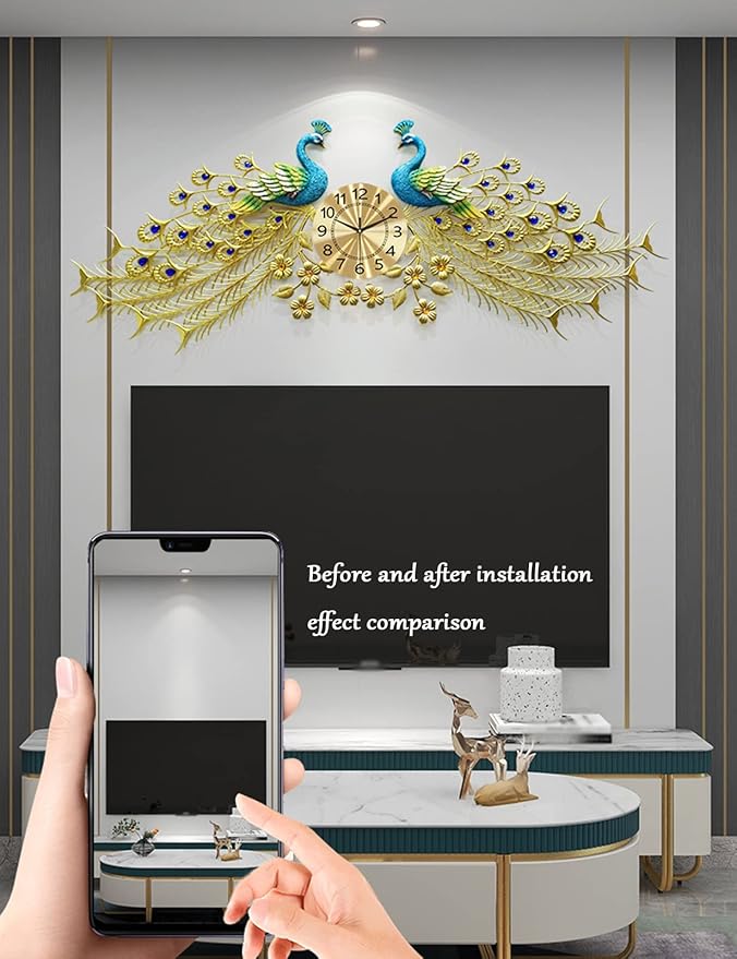 Wall Clock Metal Peacock Wall Clock for Living Room Decor, Silent Movement Office Bedroom Clock, Modern Iron ation Quartz Clock Clock