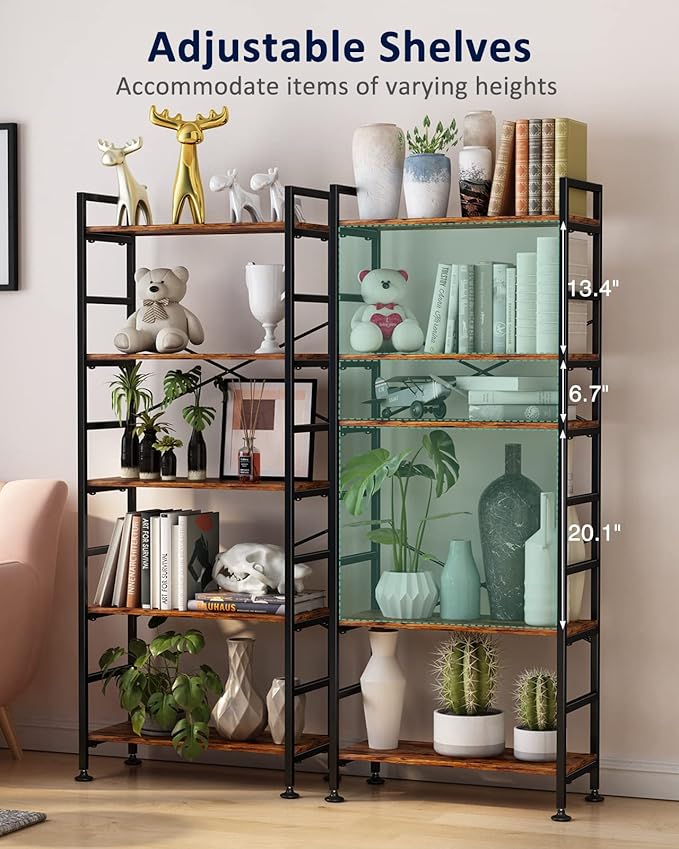 5-Tier Adjustable Tall Bookcase, Rustic Wood and Metal Standing Bookshelf, Industrial Vintage Book Shelf Unit, Open Back Modern Office Bookcases