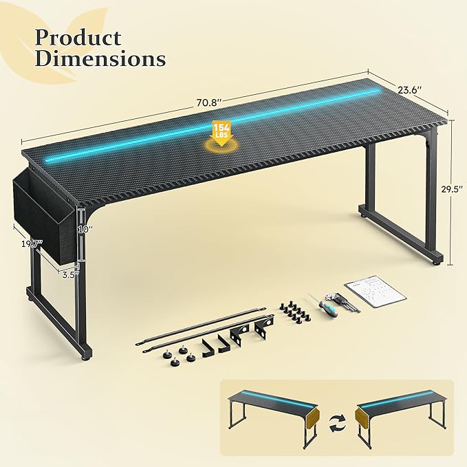 71 Inch Computer Desk with LED Lights, Office Desk for Home Office, Study Desk Writing Table with Storage Bag, Headphone Hook, Black