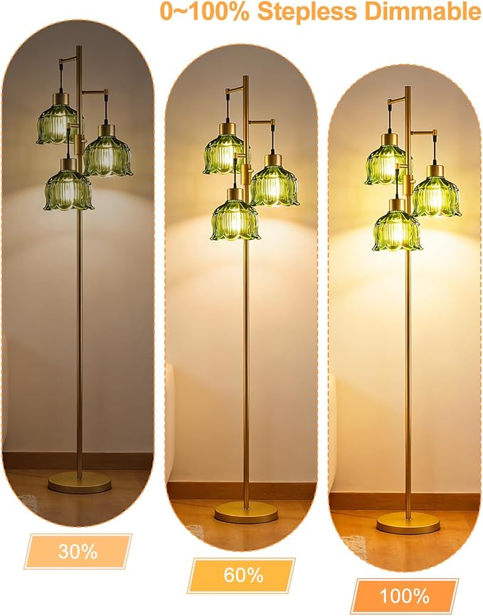 Lightdot 3-Light Floral Floor Lamp 65'' Dimmable Floor Flower Lamp with Green Glass Shade& E12 Bulbs Included, Mid Century Standing Tall Lamp for Living Room/Bedroom/Sofa Beside-Gold