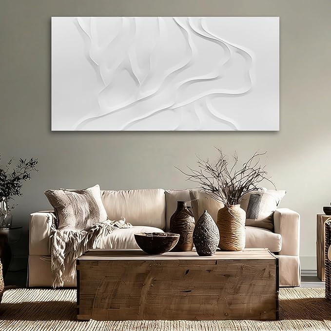 ZUNARE Minimalist White Abstract Wall Art, Hand Painted Textured Canvas with Soft Organic Relief, Modern Neutral Wall Decor for Living Room or Bedroom 24×48 Inch