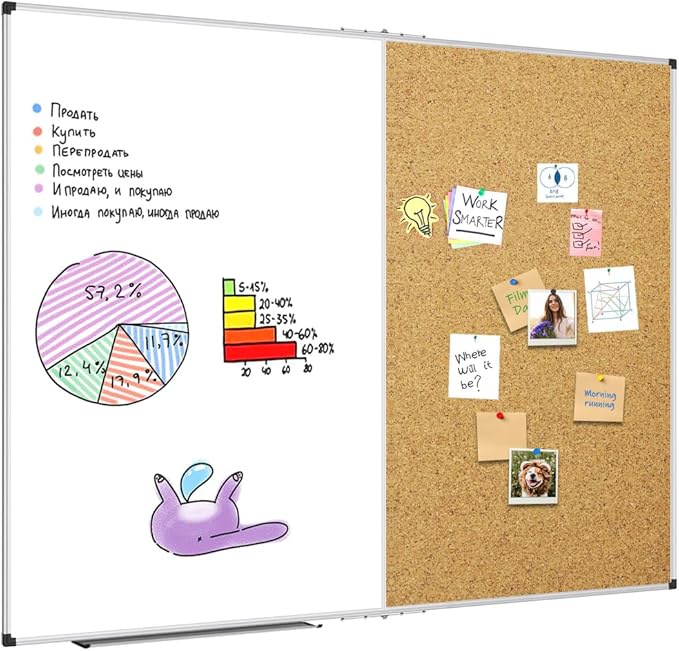XBoard Magnetic White Board and Bulletin Corkboard Combination, 60 x 48 Inch Foldable Dry Erase & Cork Combo Board for wall with Aluminum Frame, 5' x 4' Notice Memo Board Pin Vision Board