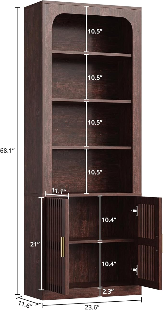 IRONCK Mid-Century Book Shelf, 6-Tier Floor Standing Bookcase with Grille Doors, Tall Storage Shelves for Display & Organizing, Suitable for Home Office, Living Room(Natural Red Walnut)