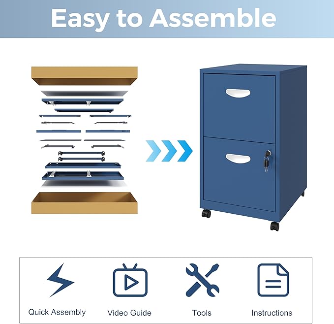 2 Drawer File Cabinet with Lock, Filing Cabinets with Wheels, Rolling File Cabinets for Home Office, Metal Office File Cabinet, Mobile Filing Cabinet for Holding Letters and File Boxes, Blue