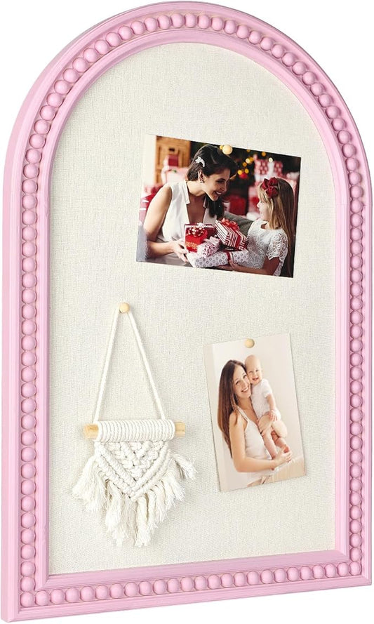 16" x 24" Linen Bulletin Board, Arched White Wood Frame with Beaded Trim, Decorative Pin Board Wall Organizer for Photos, Notes, Memo & Vision Board, 4060WH