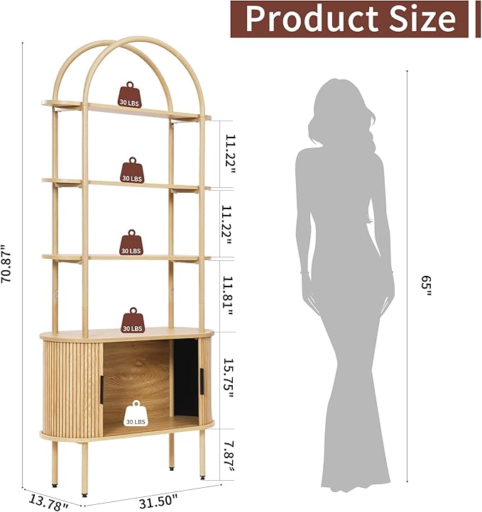 Turtle&Myrtle Tall Arched Bookshelf, Mid Century Modern Fluted Bookcase Cabinet with Sliding Doors, Curved Metal Frame Bookcase, Industrial Storage Display Shelving for Living Room, Bedroom (Natural)