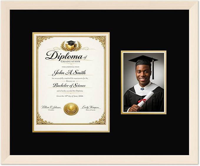 CountryArtHouse Fits 8.5 x 11 Certificate (Portrait) and 5 x 7 Photo Diploma and Photo Frame Coastal Whitewash Genuine Hardwood with Black Over Metallic Gold Double mat