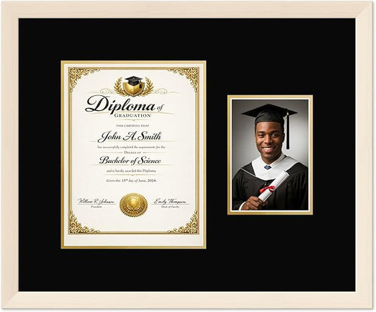 CountryArtHouse Fits 8.5 x 11 Certificate (Portrait) and 5 x 7 Photo Diploma and Photo Frame Coastal Whitewash Genuine Hardwood with Black Over Metallic Gold Double mat