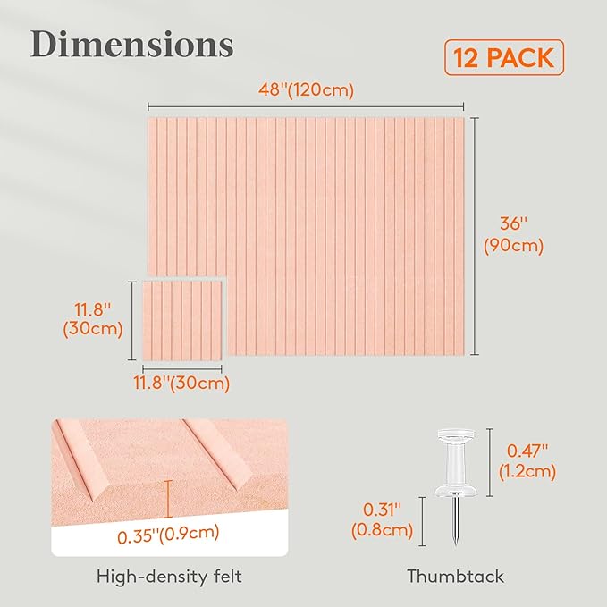 Lifewit Felt Slatted Bulletin Board with Self-Adhesive, 48"x 36"-12 Pack Cork Board Alternative, Pin Board Vision Board Message Board with 50 Pushpins for Office Decor, Room Decor, Pink