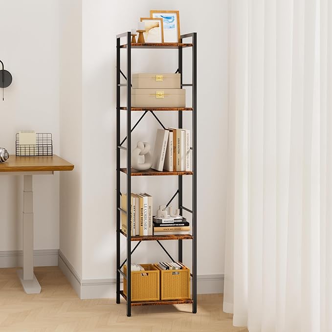 Dunatou 5-Tier Bookshelf, Tall Bookcase with 5 Open Shelves, Metal and Wood Office Book Shelf Bookcase, Standing Storage Organizer Shelf for Bedroom Living Room, Rustic Brown