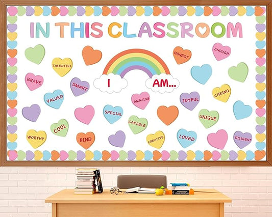 Spring April Bulletin Board Decoration Set Motivational Affirmation Station Classroom Decorations Inspirational Rainbow Heart Paper Cutouts for Kids Back to School Chalkboard Wall Door Decor