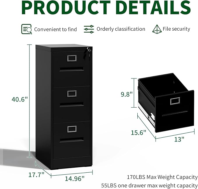 Black Metal File Cabinet with 3 Drawer,Vertical File Cabinet with Lock for A4/Letter/Legal Size Files,Steel Filing Cabinets for Home Office,Assembly Required