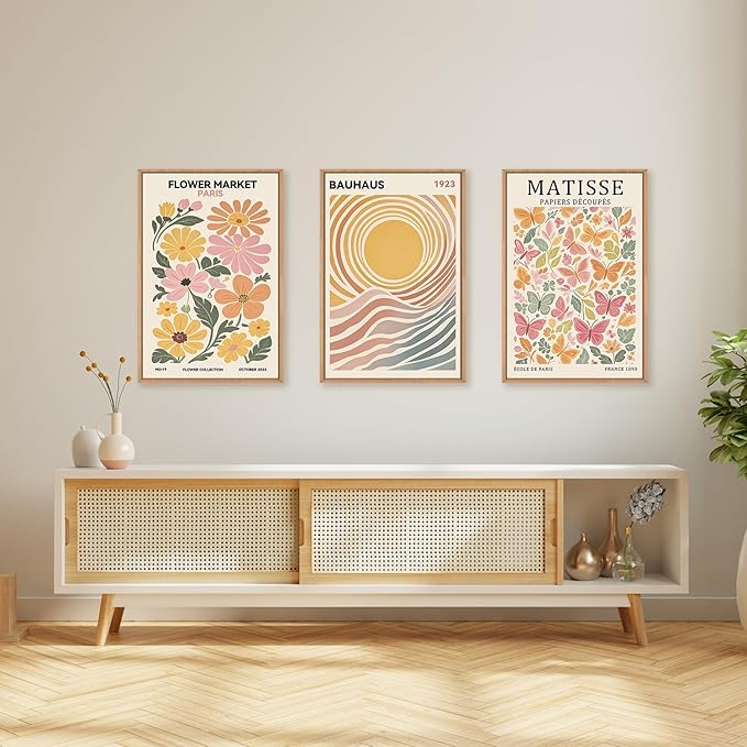 Boho Flower Market Framed Canvas Wall Art Set, Matisse Floral Wall Decor, Abstract Botanical Wall Painting, Nature Floral Illustration Art Prints for Living Room, Bedroom, Office 24"X36"X3