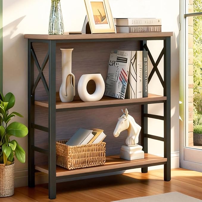 Book Shelf, Small 3-Tier Industrial Bookshelf with Strong Metal Frame & Backboard, 29.5" Short Bookcase for Small Spaces, Living Room, Bedroom and Home Office, Brown