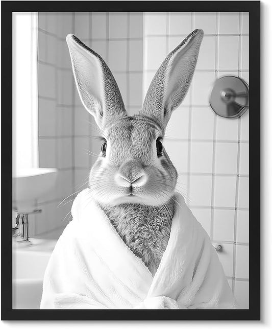 uniro Funny Bathroom Wall Art Prints Black and White Bath towel bunny Bathroom Picture Wall Decor Whimsical Farmhouse Decor Cute Rabbit Animal Canvas Print Painting Modern Bathroom Signs Wall Art Poster for Bathroom Decor( 8" x 10"-UNFRAMED)
