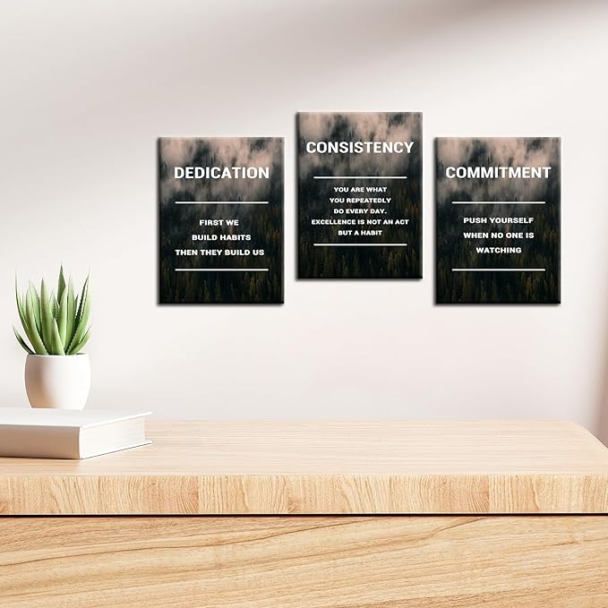 Motivational Canvas Wall Art Office Decor Dedication Consistency Commitment Quotes 3 Pieces Inspirational Posters Print Artwork for Home Bedroom Bathroom Wall Picture Ready to Hang [36''W x 16''H]