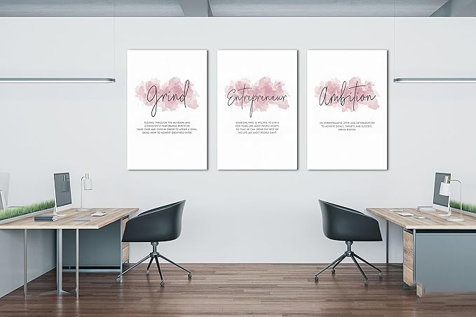 SHMAO Pink Office Canvas Wall Art Motivational Wall Decor, 3 Piece Grind Entrepreneur Ambition Pictures for Office Wall Decor Women Inspirational Framed Artwork Home Office Decor 24”x36”x3 Panels
