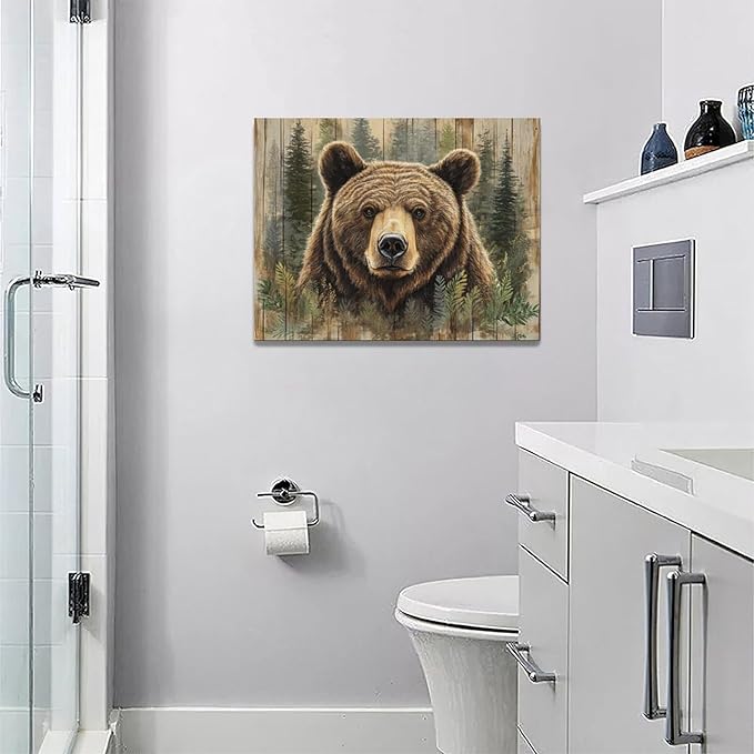 Farmhouse Bear Wall Art Rustic Forest Pictures Decor Woodland Wildlife Painting Canvas Print Modern Home Decoration Artwork for Living Room Bathroom Bedroom Office Framed 16"x12"