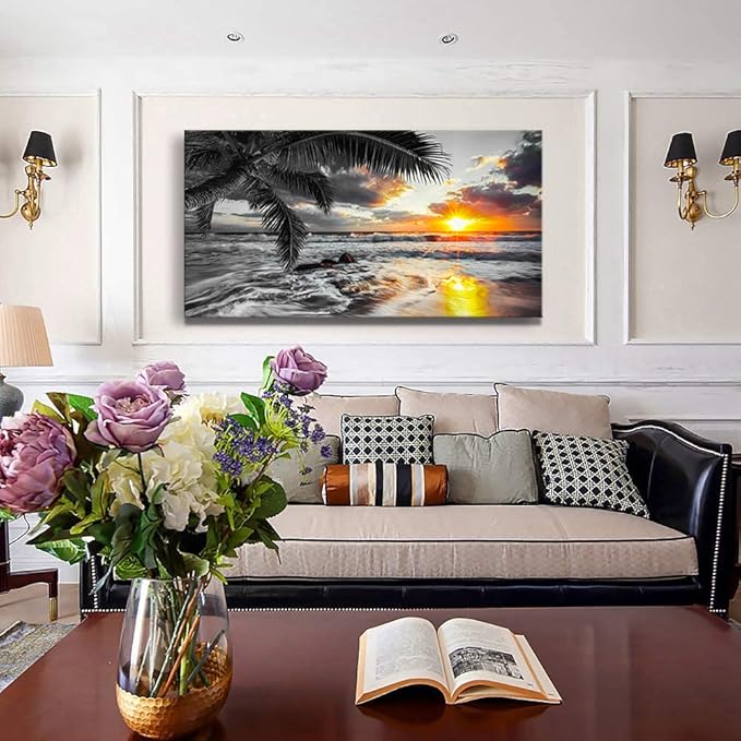 Yxbhhym-Large Canvas Black White Gold Ocean Wall Art Sunset Beach Pictures Coastal Painting Sunrise Seascape Scenery Print Palm Poster Sea Artwork for Bedroom Wall Art Living Room Office Décor
