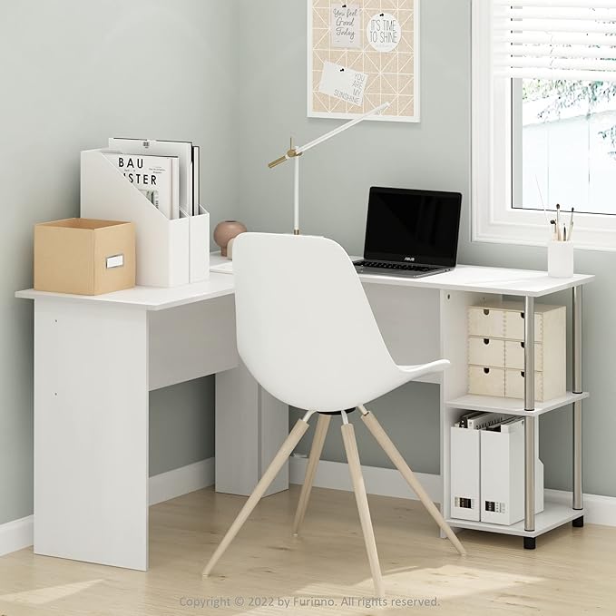 Furinno Abbott L-Shape Computer Desk with Stainless Steel Tubes Bookshelf, White Oak/Chrome