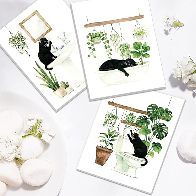 CHDITB Black Cat Bathroom Canvas Wall Art Set of 3, Funny Cat Watercolor Painting, Botanical Cats Wall Decor, Boho Plants Poster, Cute Kitten Art Prints For Restroom Laundry Room Decor(12X16 Inch)