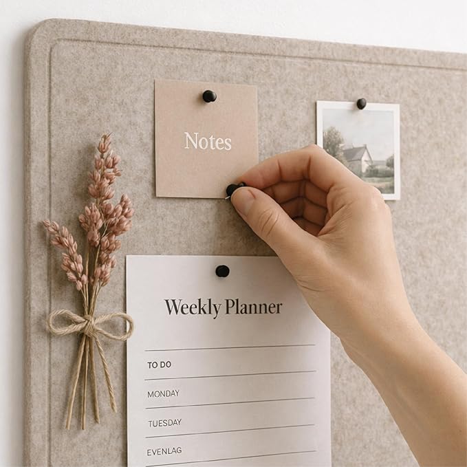 Orelle Felt Bulletin Board | 48 x 35” | Foldable Peel and Stick Felt Board for Wall | Alternative Cork Board for Office, Message Board, Kids Art Display | Beige