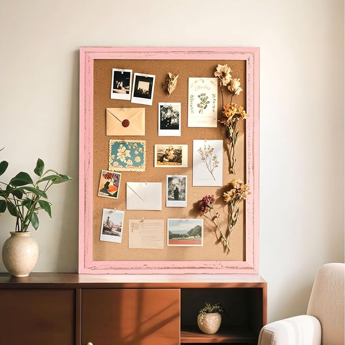 Cork Bulletin Board, 24" x 18" Corkboard for Wall, Pink Wooden Frame, Decorative Hanging Pin Board Tack Board for Home Office Decor, 10 Push Pins
