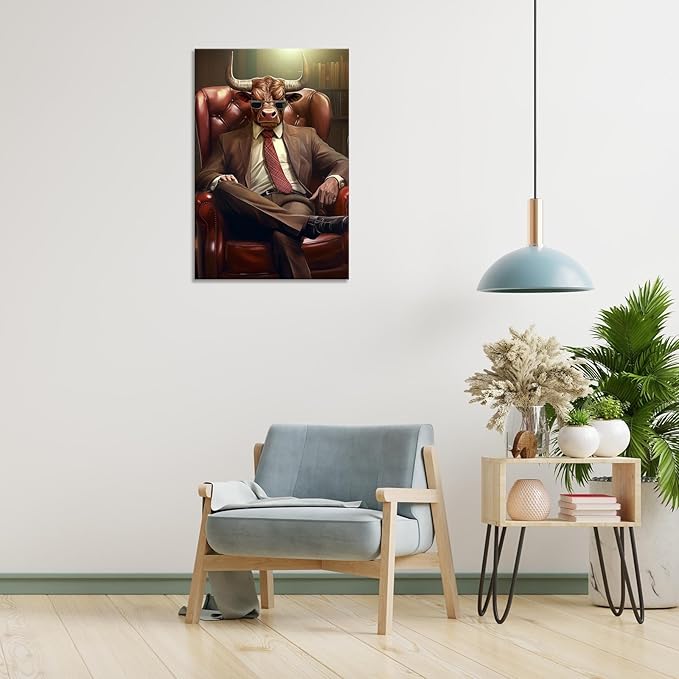Trendy Suit Animal Cow Portrait Wall Art Funny Boss Cow Canvas Posters Work Struggle Motivation Inspiring Prints Painting For Office Living Room Wall Decor 16x24in Framed